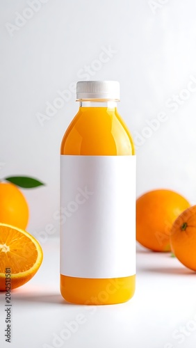 Fresh orange juice bottle with oranges.