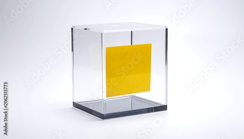 Glass display case with yellow square.