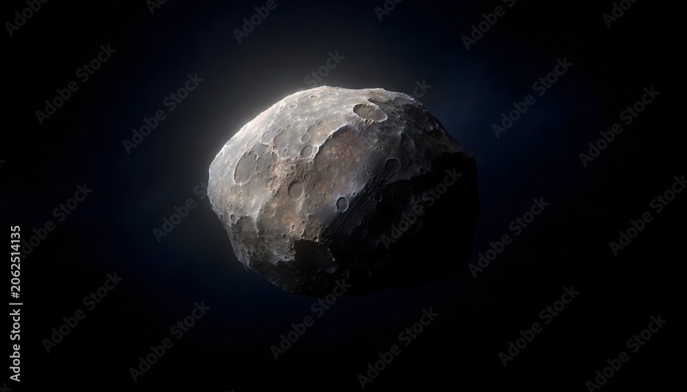 Fototapeta premium Detailed 3D illustration of a cratered asteroid drifting through outer space