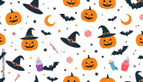 Halloween icons seamless pattern design.