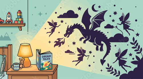 Foto Childrens book opens to reveal a magical dreamscape with a dragon and fairies
