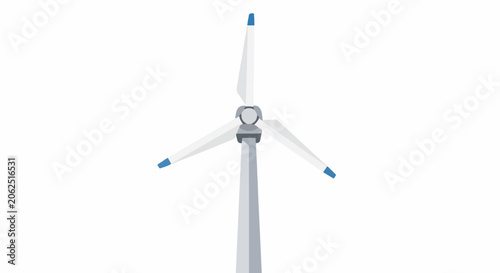 A clean, modern illustration of a single wind turbine with three white blades and blue tips