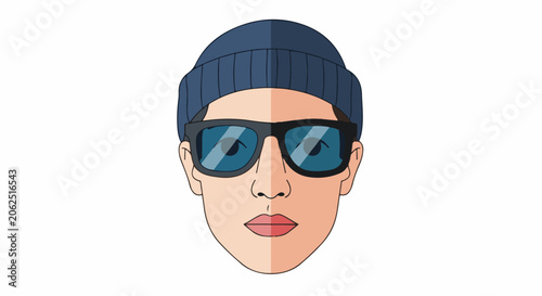 A close-up illustration of a person wearing a blue beanie and dark sunglasses