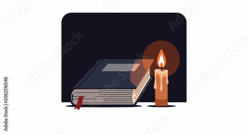 A closed book with a ribbon bookmark lies next to a lit candle