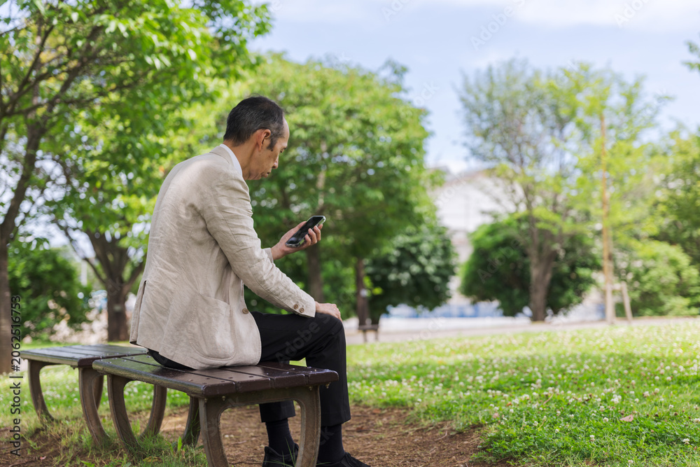 Fototapeta premium 公園のベンチでスマートフォンを見る日本人男性