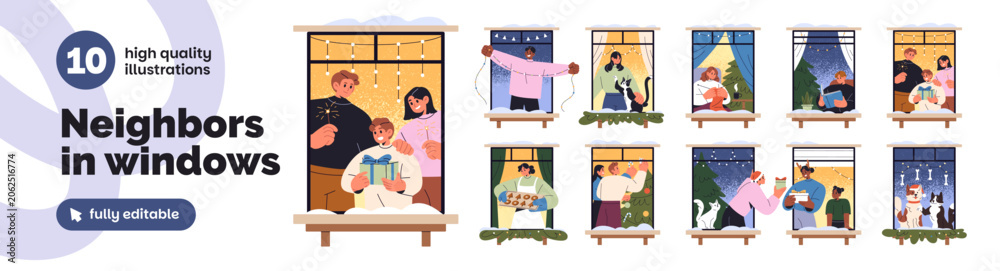 Fototapeta premium Neighbors in windows at Christmas set. Neighborhood community celebrates New Year and Xmas at home. Winter holidays of neighbours in house. Flat isolated vector illustrations on white background