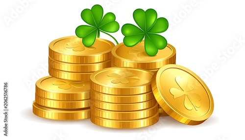 Golden coins with four leaf clover.