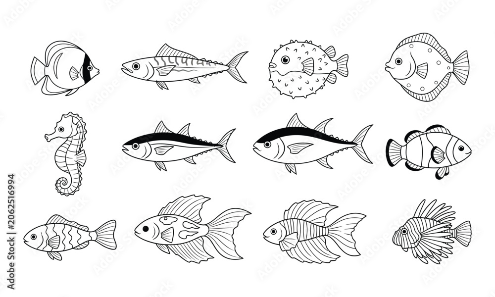 Obraz premium Cute hand drawn sea creatures and fish collection for kids and design.
