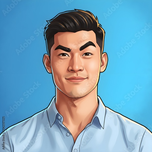 Saturday morning cartoon style illustration of a handsome smiling Asian man in a light blue shirt