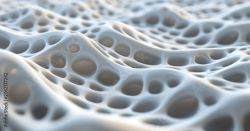 White abstract 3d surface with organic porous holes and flowing wave structures creating a complex cellular texture with soft light and deep shadows