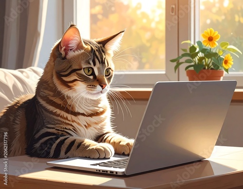 A curious cat lies on a table, intently looking at an open laptop beside a potted plant on a windowsill