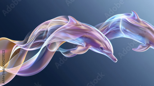 Translucent dolphins swim gracefully through flowing waves of color, creating serene and captivating underwater scene