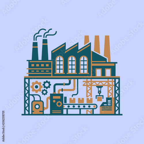 A flat vector illustration of a modern industrial factory building