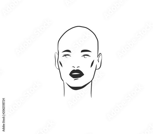 Hand drawn vector abstract outline,graphic,line art magic beautiful woman witch face in minimalistic modern line art style.Witch female outline design concept.Line art beauty witch woman portrait.