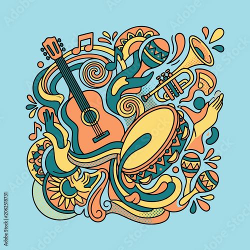 Colorful hand drawn musical instruments in a doodle style