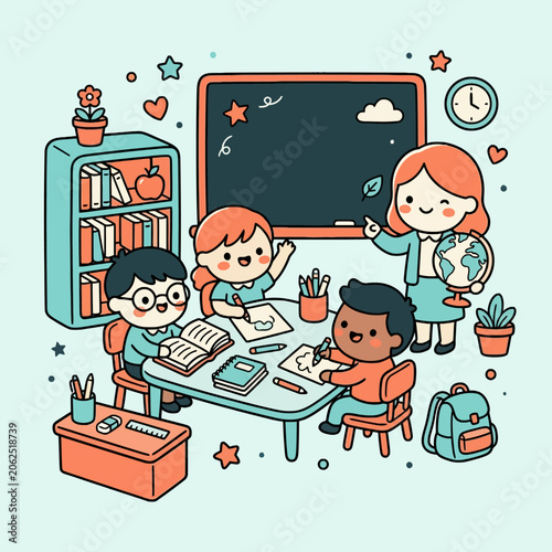 Happy children and teacher study in a colorful classroom