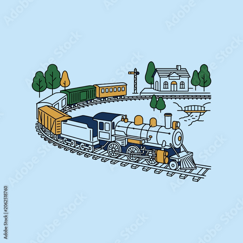 A vintage steam train travels along a curved railway track