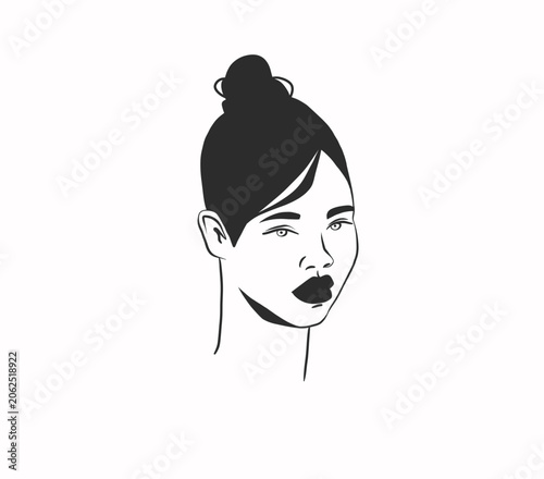 Hand drawn vector abstract outline,graphic,line art magic beautiful woman witch face in minimalistic modern line art style.Witch female outline design concept.Line art beauty witch woman portrait.