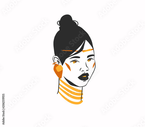 Hand drawn vector abstract outline,graphic,line art magic beautiful woman witch face in minimalistic modern line art style.Witch female outline design concept.Line art beauty witch woman portrait.