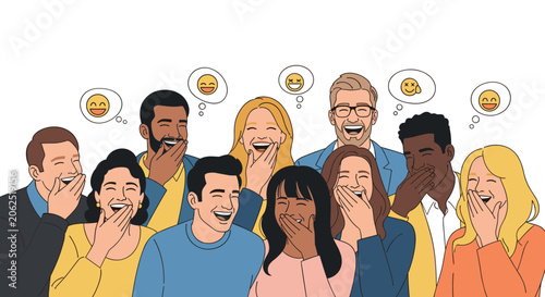 Group of happy multiethnic people laughing out loud with positive energy and humor thought bubbles.