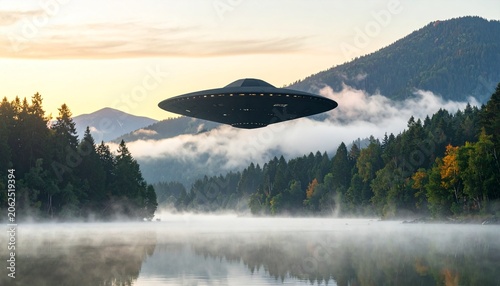 A mysterious unidentified flying object hovering over a scenic misty lake surrounded by dense forest at sunrise in a cinematic landscape view.