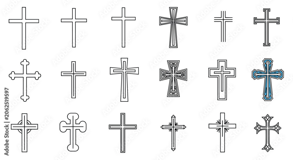 Fototapeta premium Ornate collection of Christian cross designs represents faith, religion, historical Christianity, and church spirituality.
