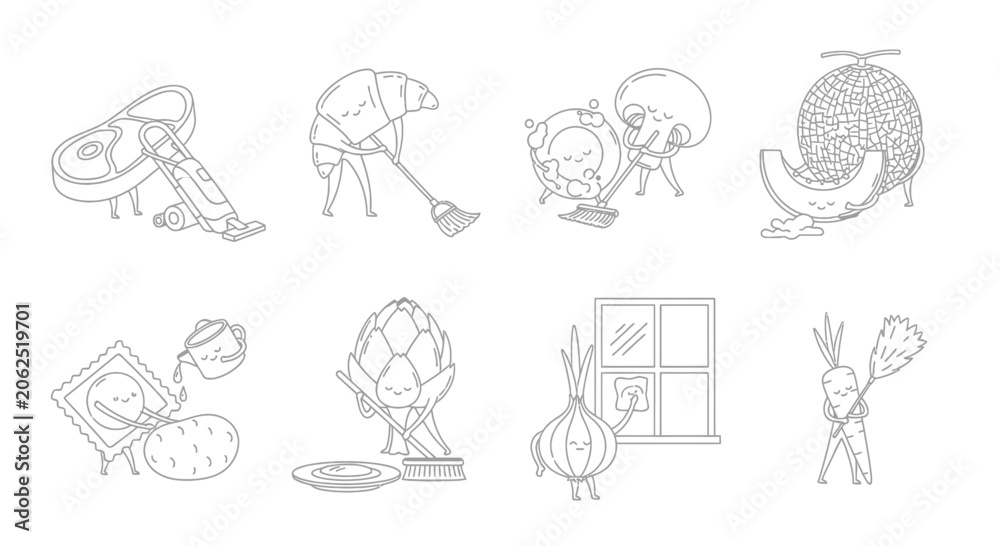 Obraz premium Anthropomorphic food characters with faces line art icons.