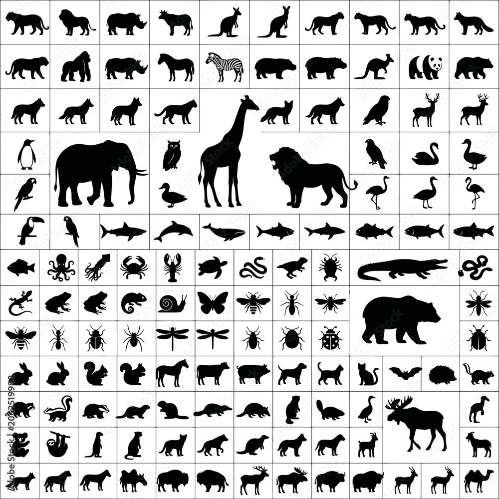 Fototapeta premium Massive grid of tiny animal and insect silhouettes.
