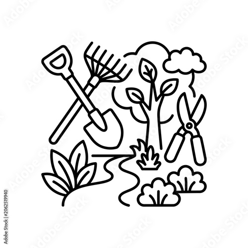 A simple line art illustration of various garden tools and plants