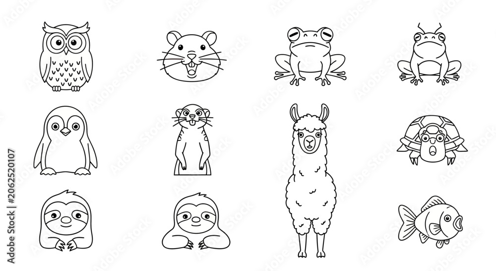 Obraz premium Cute animal line art icons set on white background.