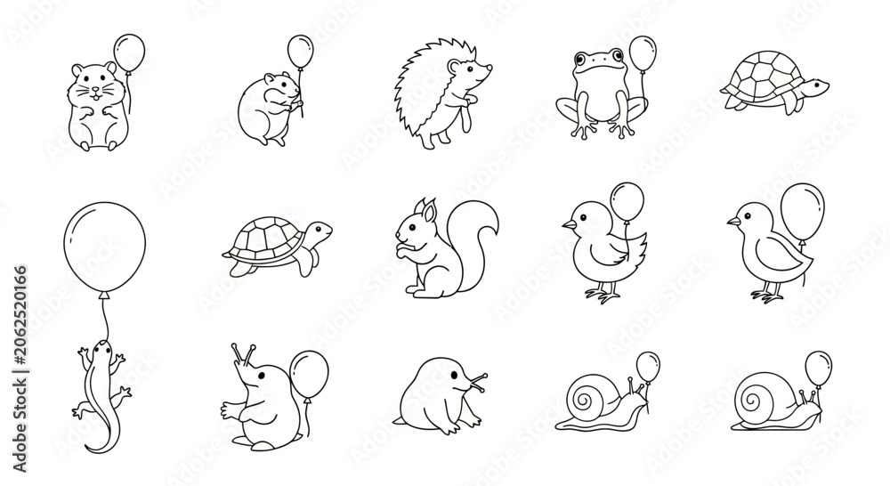 Fototapeta premium Cute animals with balloons and food line drawings.