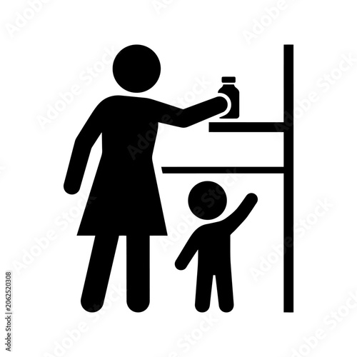 A mother placing a bottle on a high shelf for safety