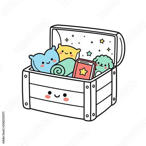 Cute cartoon treasure chest filled with colorful toys