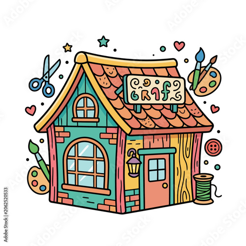 A colorful illustration of a small creative craft workshop house