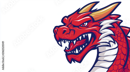 Fierce dragon logo featuring bold red and white colors with sharp teeth and golden horns, symbolizing strength and power