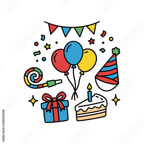 Colorful birthday party icons set on a white background