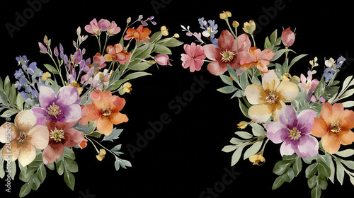 Floral arch design featuring vibrant flowers and greenery on black background, creating stunning visual impact