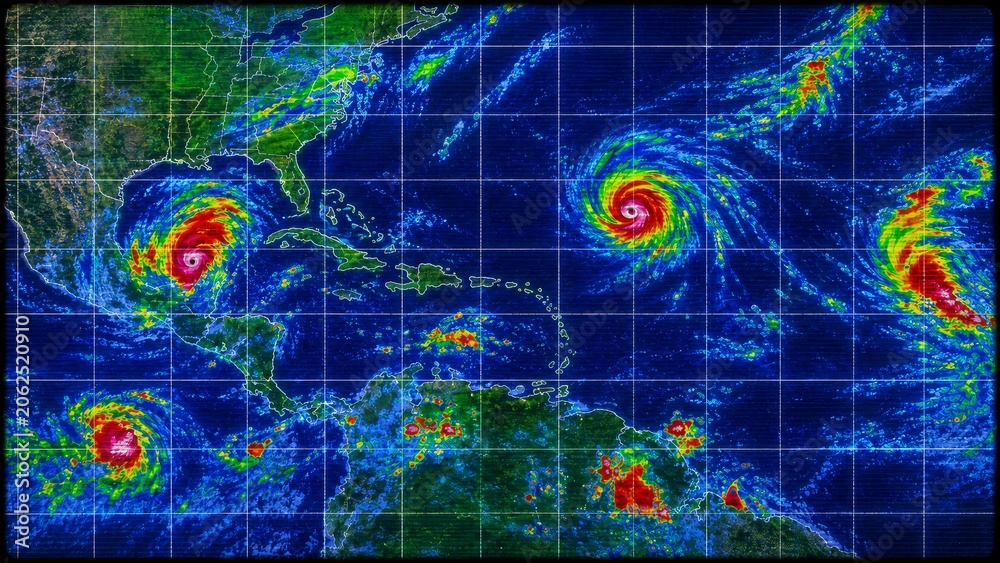 Fototapeta premium A satellite image depicting multiple hurricanes in the Atlantic, highlighting their formations and paths across the Caribbean and approaching the southeastern U.S.