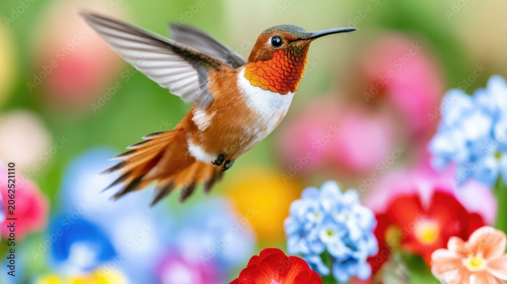 Obraz premium Rufous Hummingbird Hovering Among Vibrant Spring Flowers in a Colorful Garden Scene