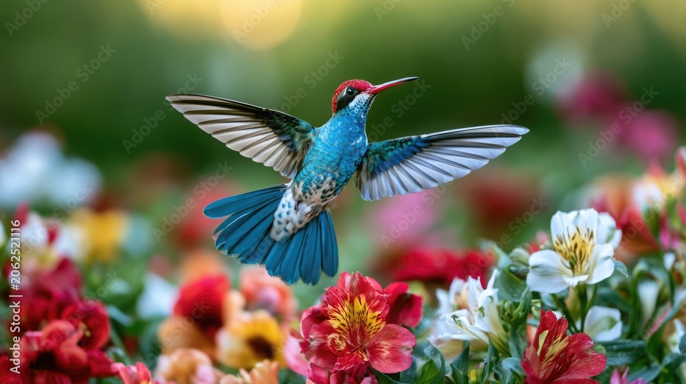 Fototapeta premium Brilliant Blue Hummingbird in Flight Surrounded by Blooming Colorful Garden Flowers