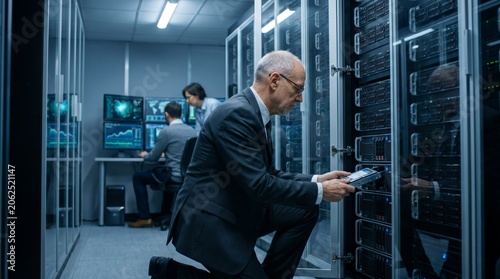 Professional IT Specialist Managing Data Center Server Racks Including Network Infrastructure, Computer Hardware, Business Technology, Tech Industry, Modern Office and System Monitoring