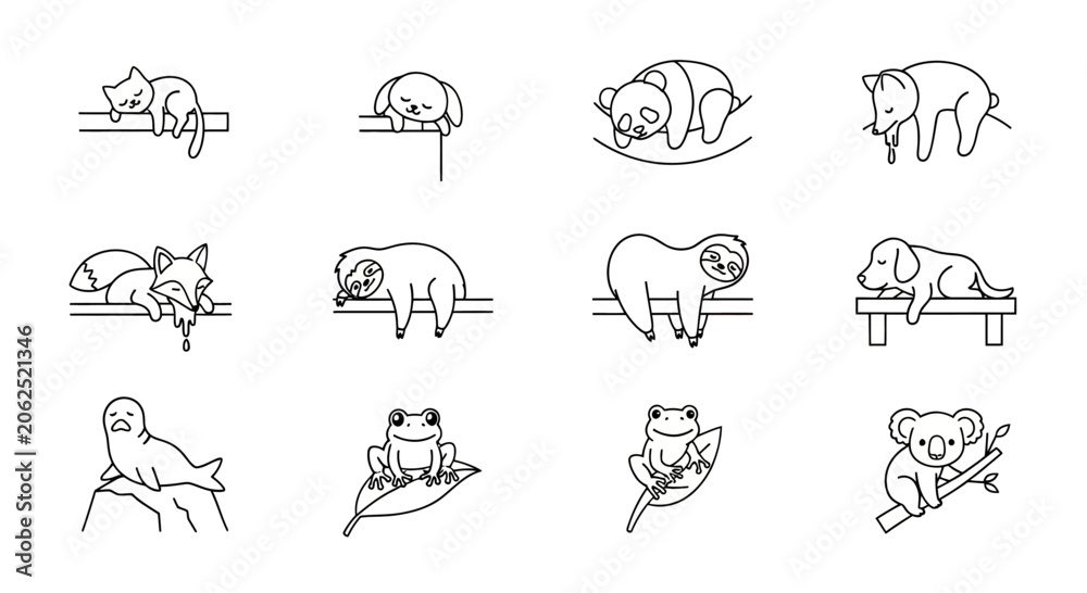 Fototapeta premium Sleeping and lazy animal characters line art doodle.