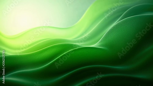 Abstract background of slowly moving green waves with a soft, glowing light and textured surface