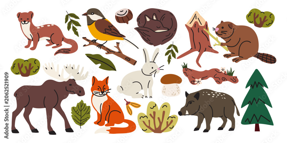Obraz premium Collection of autumn forest animals, birds, mushrooms and woodland elements in cartoon doodle style. Cute wildlife set with bear, fox, deer, rabbit, beaver, boar and moose