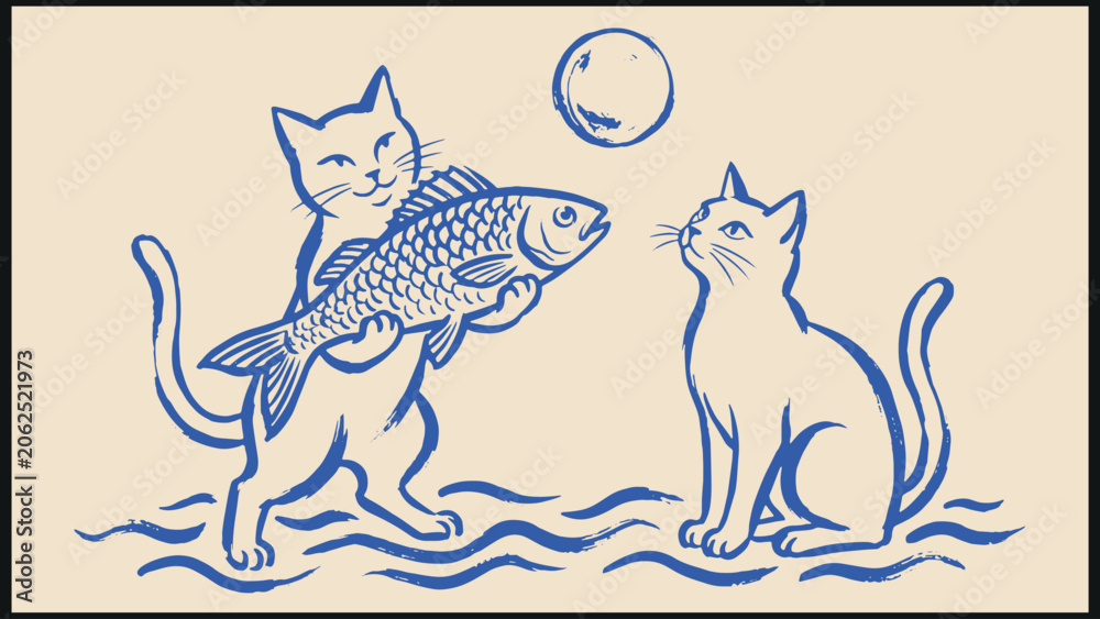 Naklejka premium Stylized line art of two cats with fish and moon above wavy water lines in playful elegant atmosphere