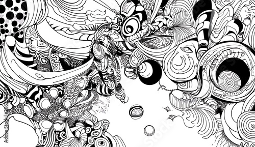 Detailed black and white doodle featuring complex swirling patterns, circular motifs, and abstract organic shapes on a white background