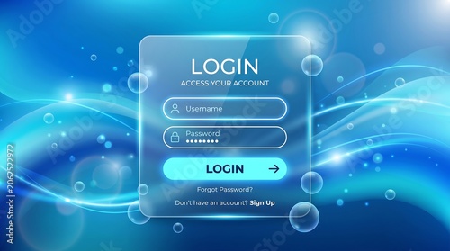 Modern login interface with abstract blue background username and password fields and sign up option