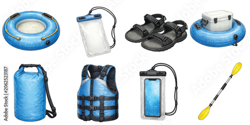River Tubing Equipment Collection with Inflatable Tube Dry Bag Life Jacket Floating Cooler and Paddle