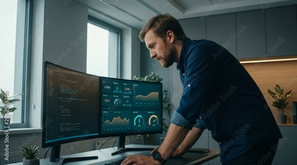 Fototapeta premium Programmer Analyzing Data Charts on Dual Monitors in Bright Office Featuring Developer, Software Engineer, Coding, Computer Programming, Analytics and Workstation