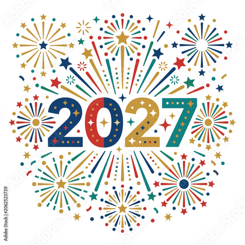 Festive colorful fireworks surround the year 2027 text